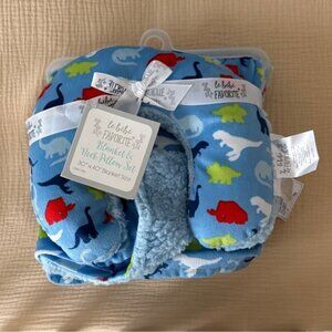 Le Bebe Blue Dinosaur 30” X 40” Blanket & Neck Pillow Set NWT